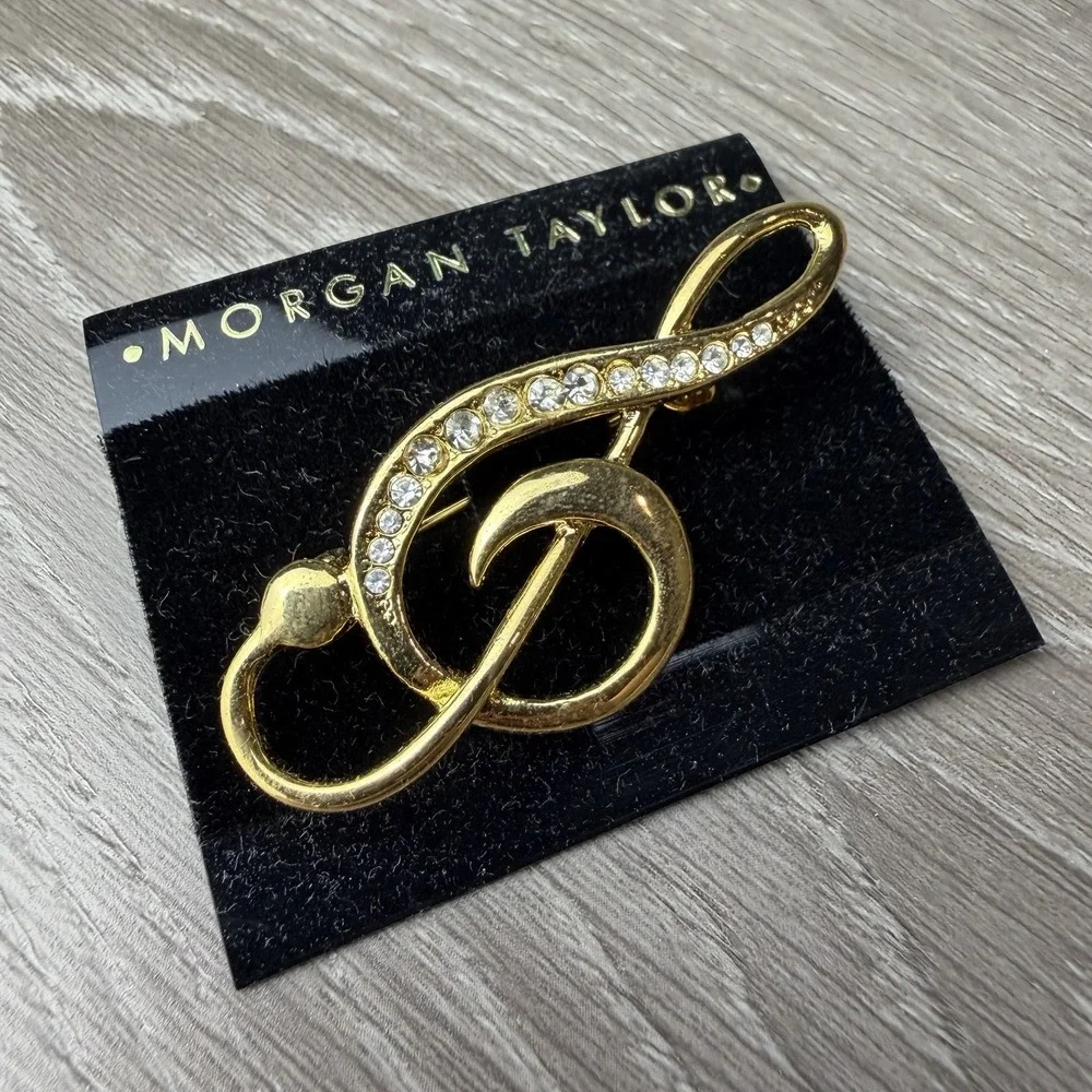 Vintage Morgan Taylor Gold Tone Treble Clef Brooch Rhinestone Music Note Pin